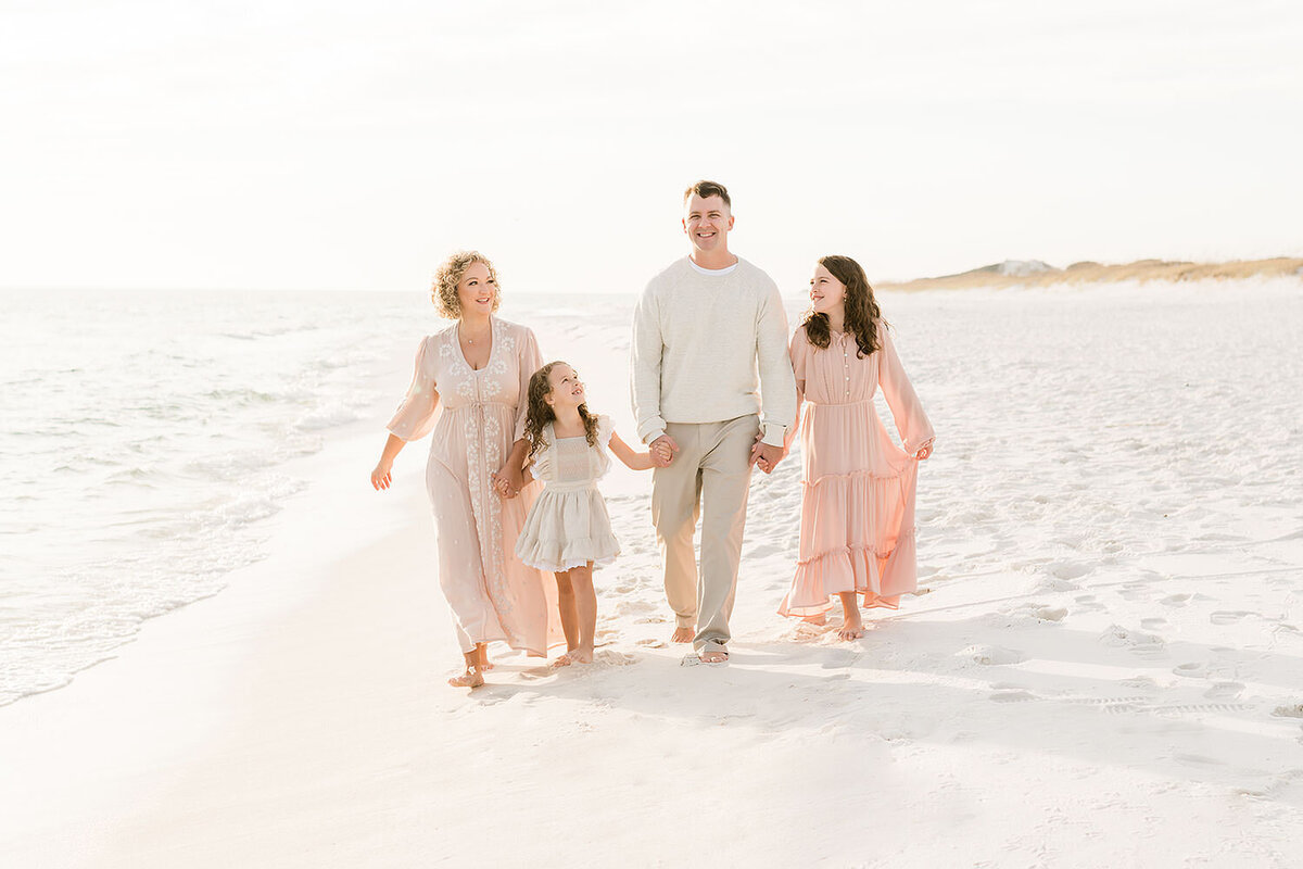 a family going for a beach walk in Destin FL