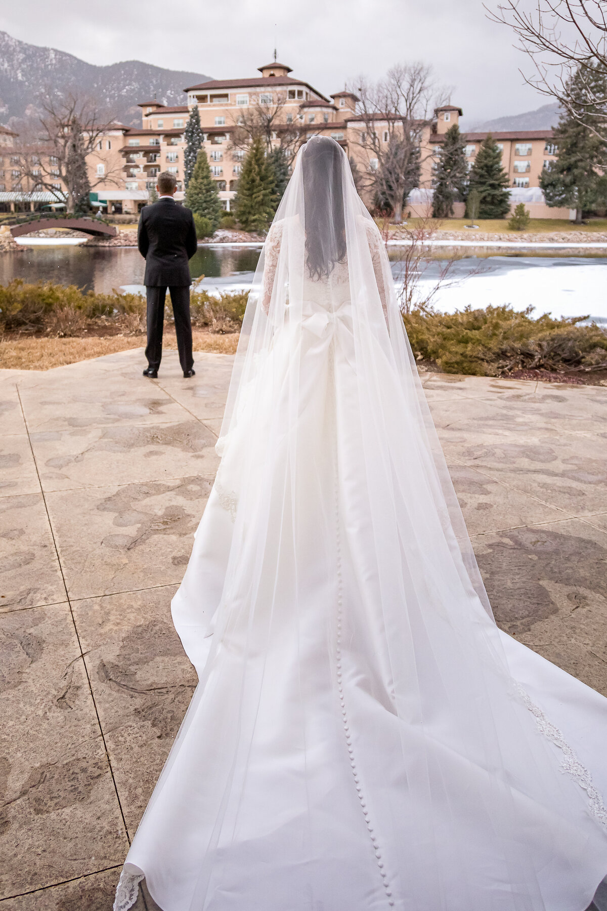 A Bride Approaches her Groom for a First Look, Broadmoor Hotel