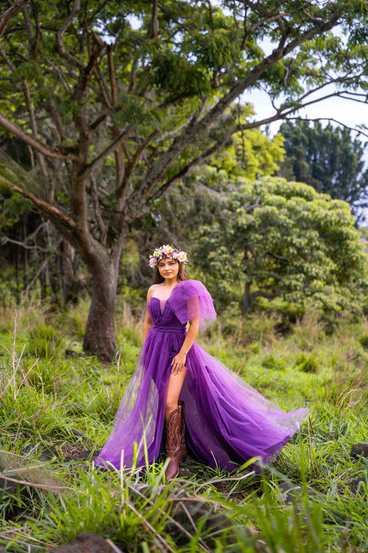 Woman in purple dress in the forest, taken for hawaii portrait photography session
