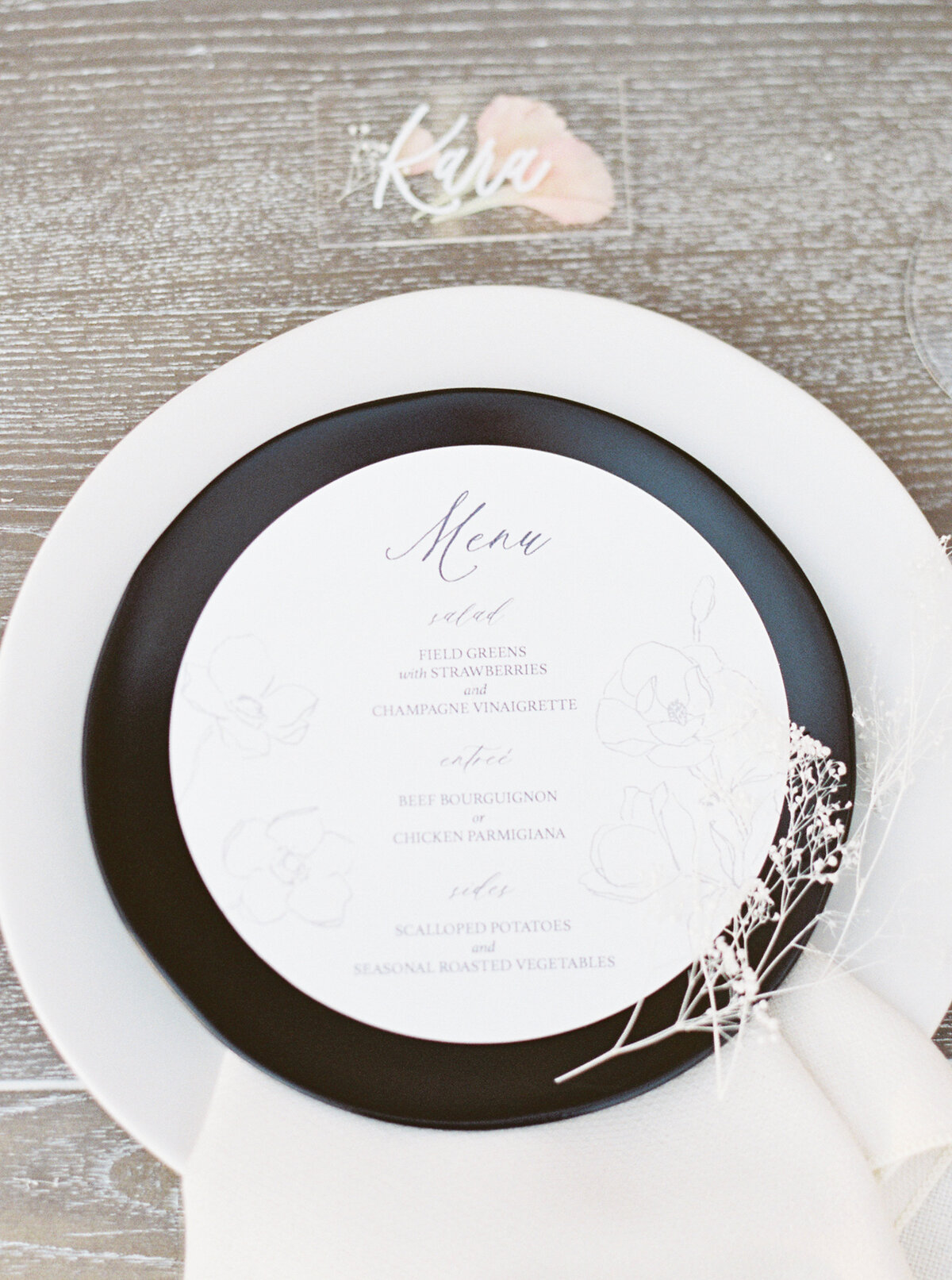 Round Menu and Acrylic Placecard for Romantic Wedding at Laguna Gloria