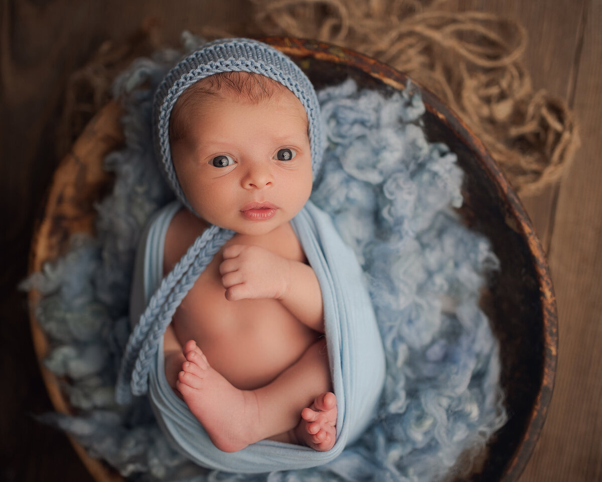 Newborn boy blue photo in Medford Oregon studio, Katie Anne