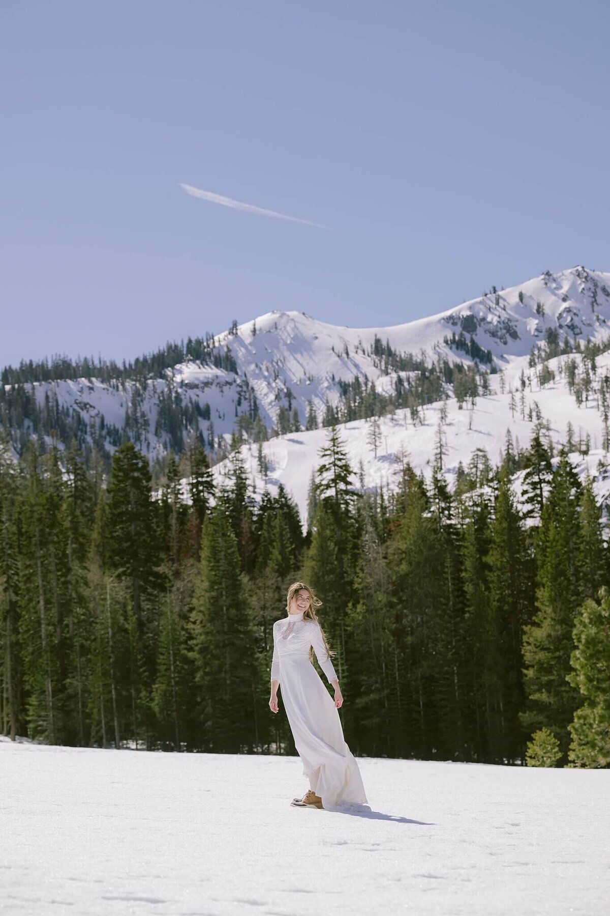 Bride portrait alone winter elopement in Palisades Tahoe