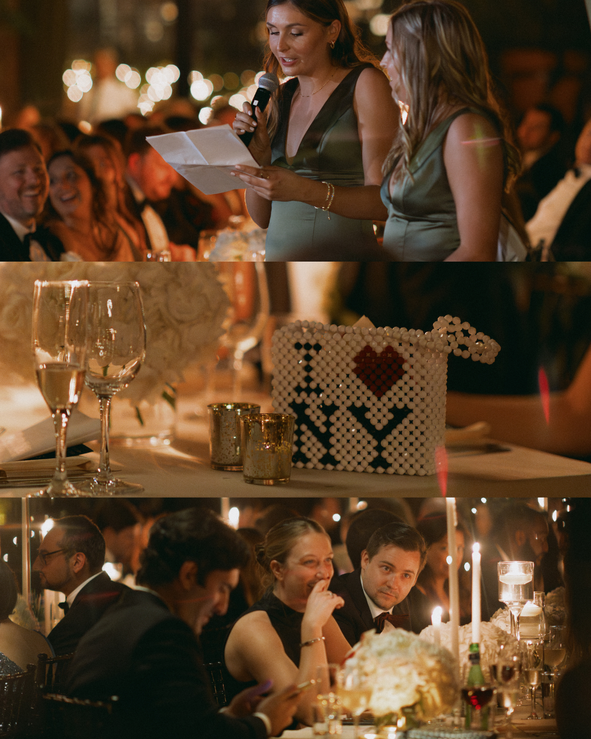 Candid moments from a New York City wedding reception featuring emotional toasts, guests enjoying a candlelit dinner, and a beaded I ❤️ NY bag on a floral-decorated table