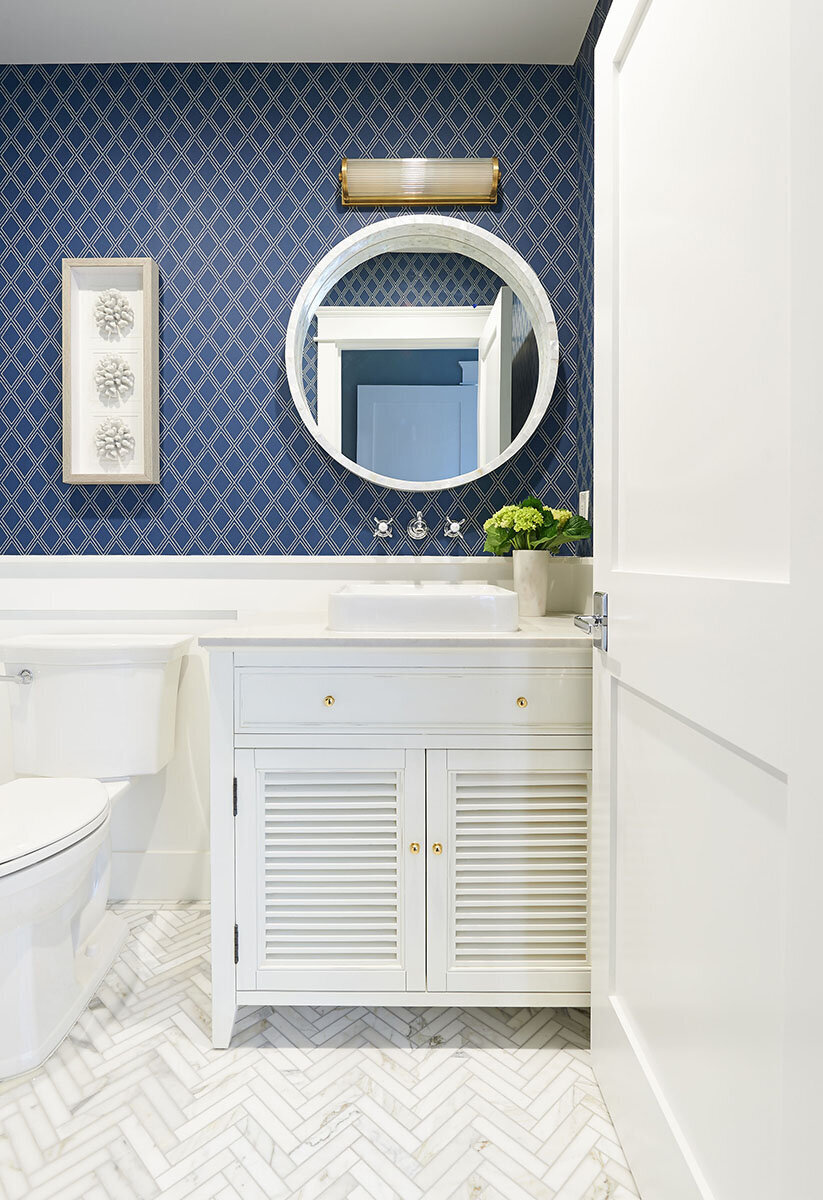 powder room with navy wallpaper