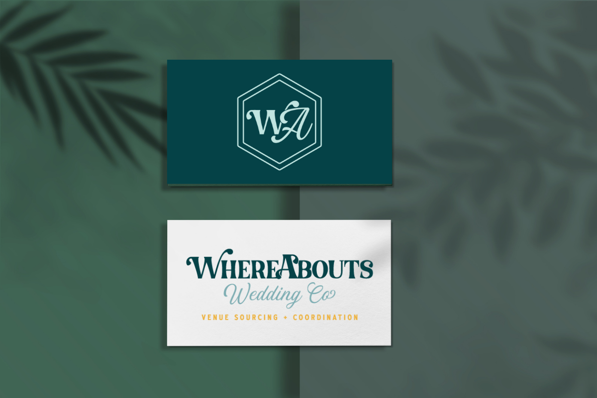 Custom logo design in a business card for WhereAbouts Wedding Co, a wedding venue sourcing and coordination in Austin