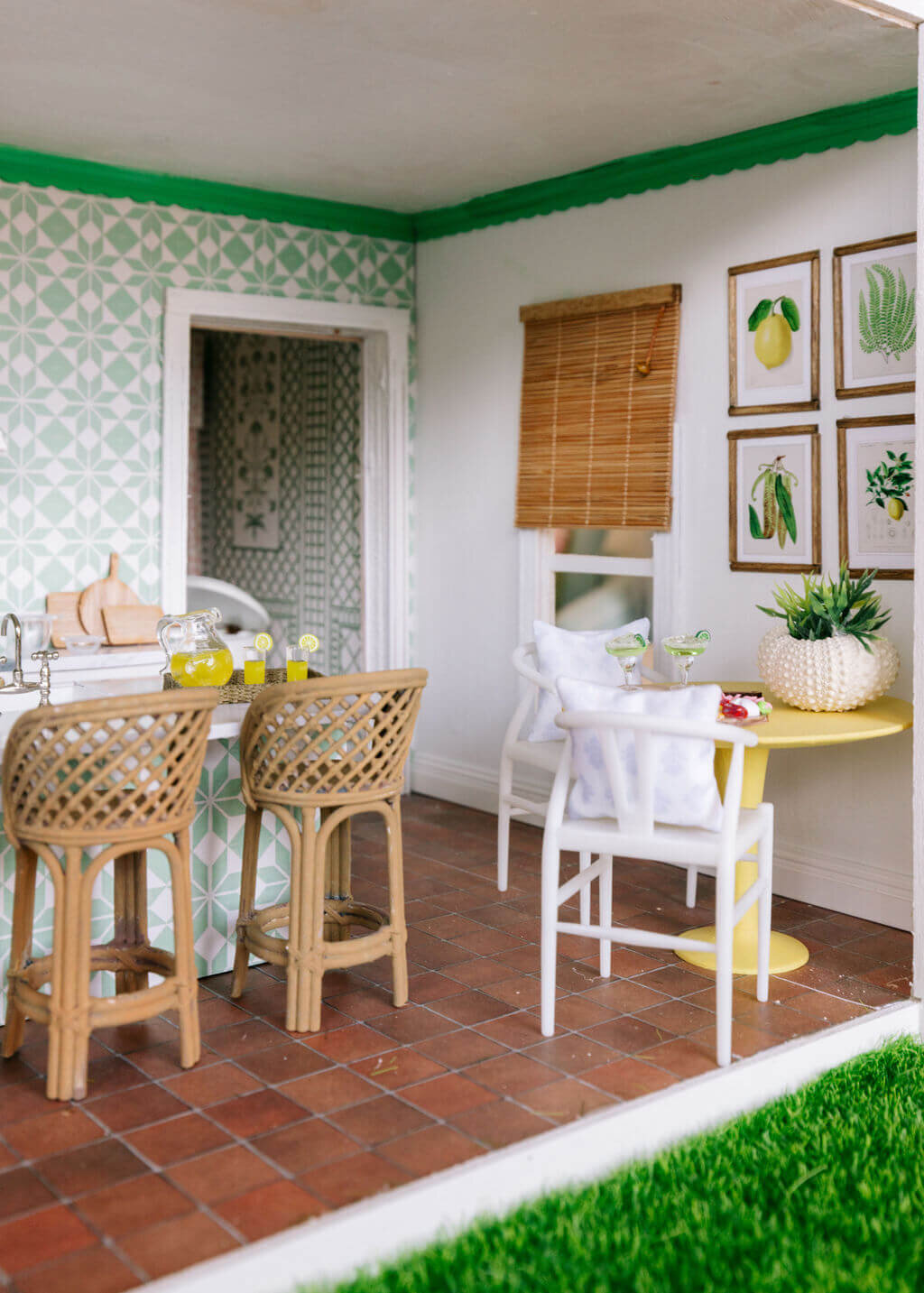 oyster creek studios petite palm beach dollhouse brick floor with wicker stools in kitchen with wallpaper and artwork