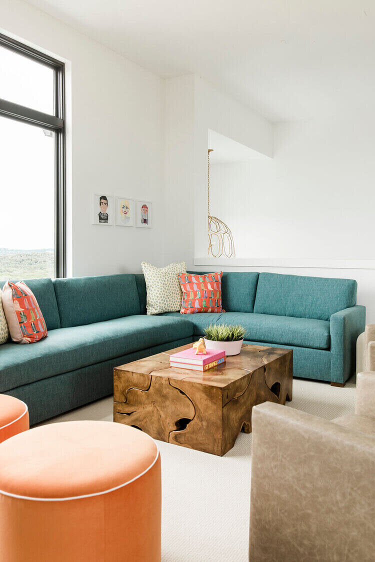 oyster creek studios austin barton creek turquoise corner sofa with wooden coffee table colorful living room