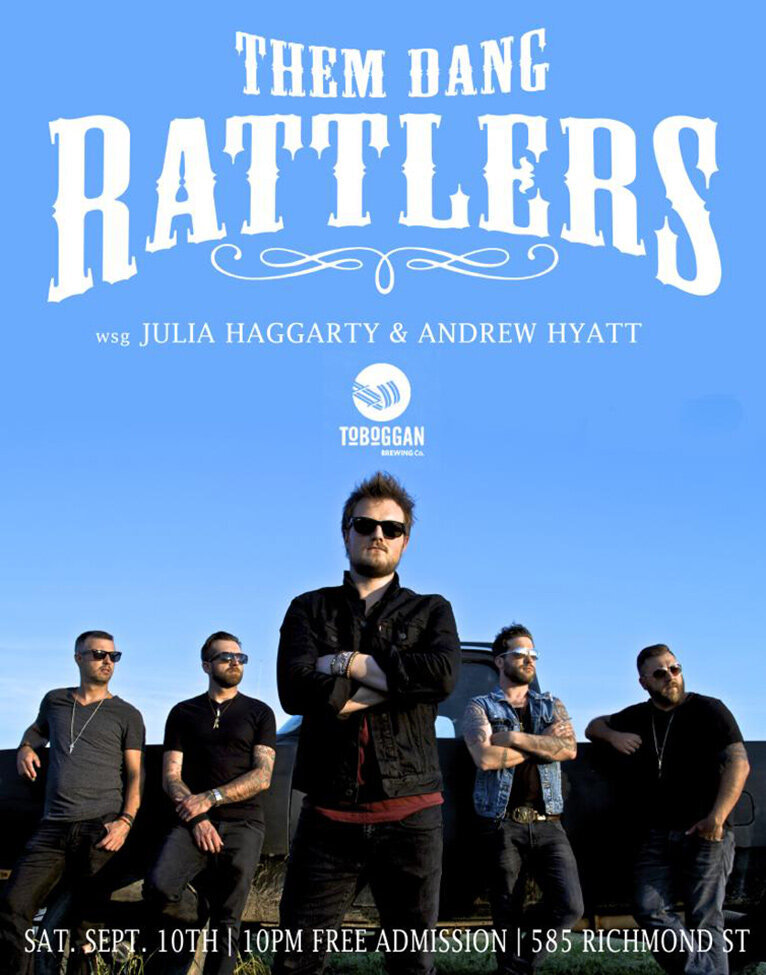 Gig Poster Them Dang Ratters Music all five members standing in front of old truck lead singer in foreground with arms folded across his chest