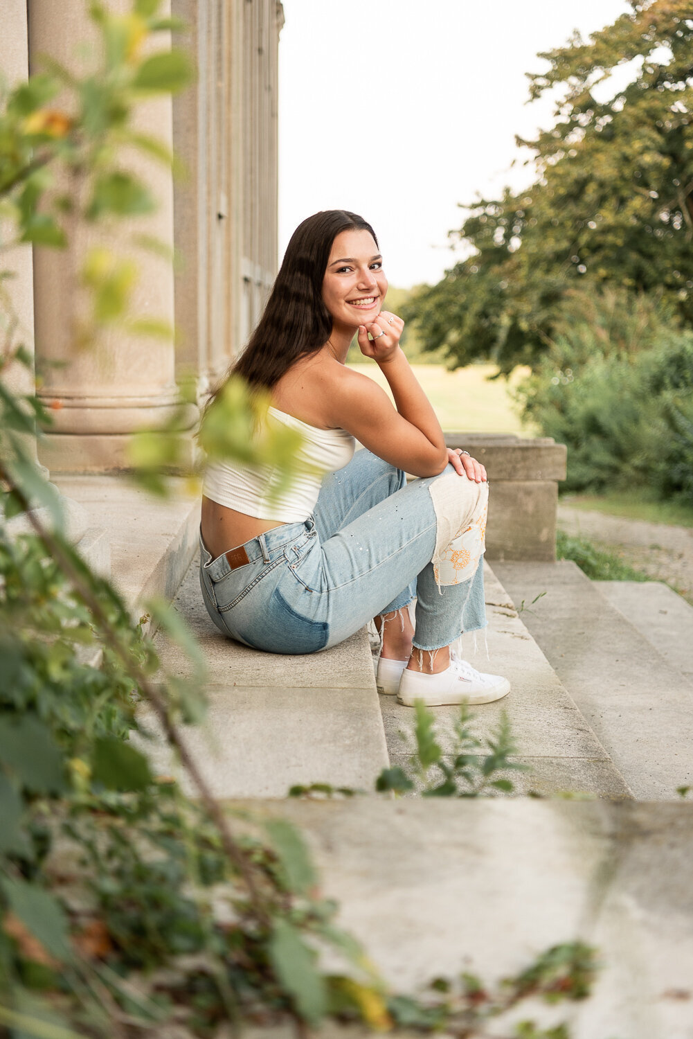 Senior girl sitting on stairs at Harkness Park for high school senior pictures |Sharon Leger Photography | Canton, CT Newborn & Family Photographer