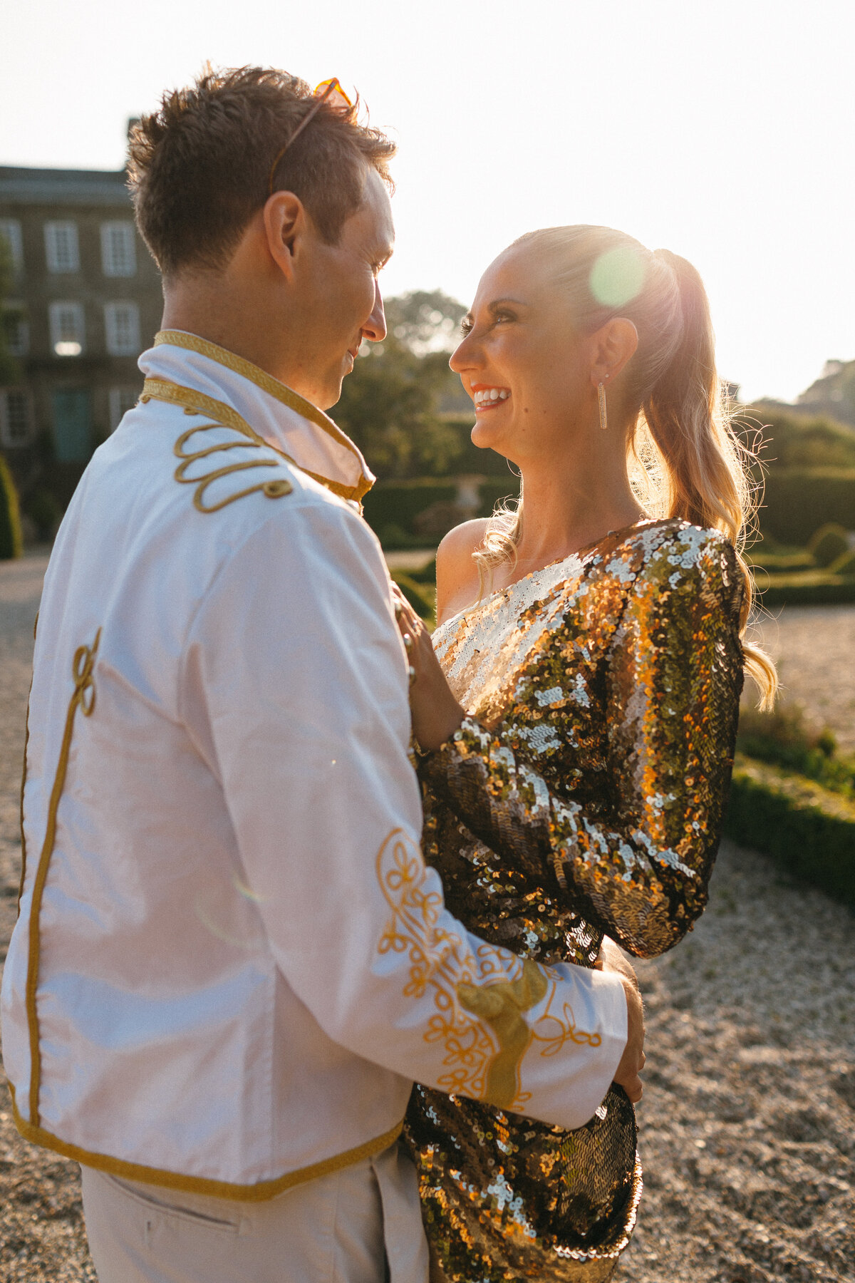 gold sequin dress for engagement shoot 