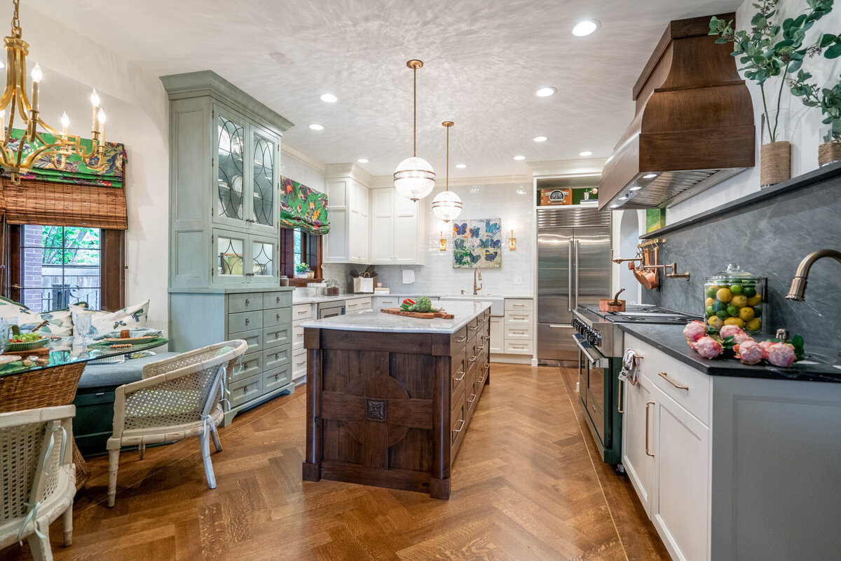 kitchen with brown wood and green accents