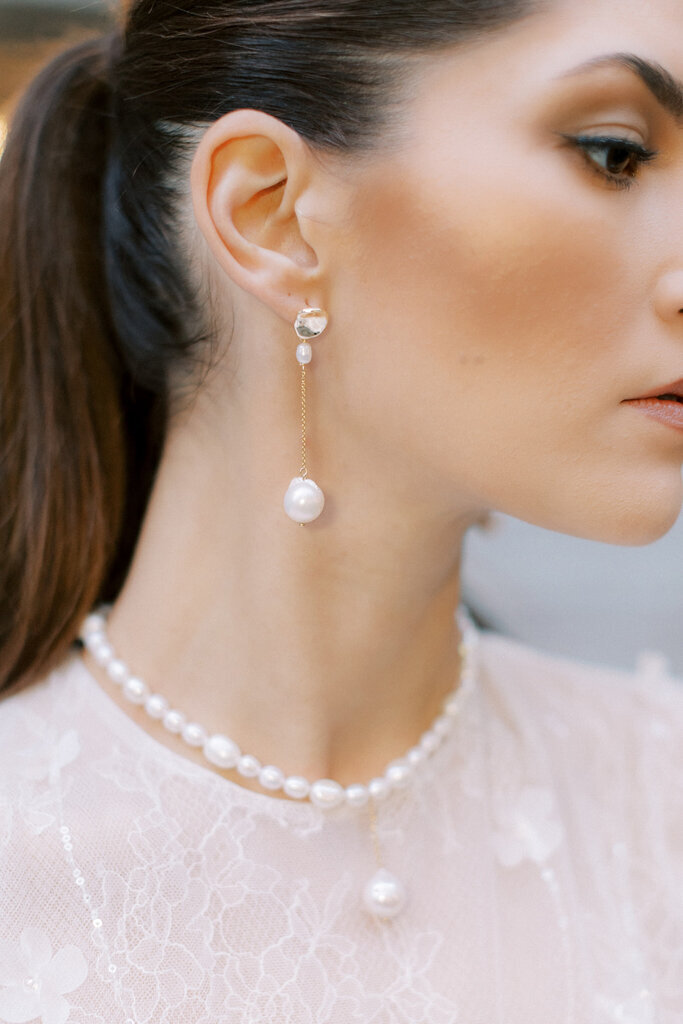 Baroque Pearl Jewelry by Joanna Bisley Designs photographed by Tess Lucas Photo. Featured on the Brontë Bride Vendor Guide.