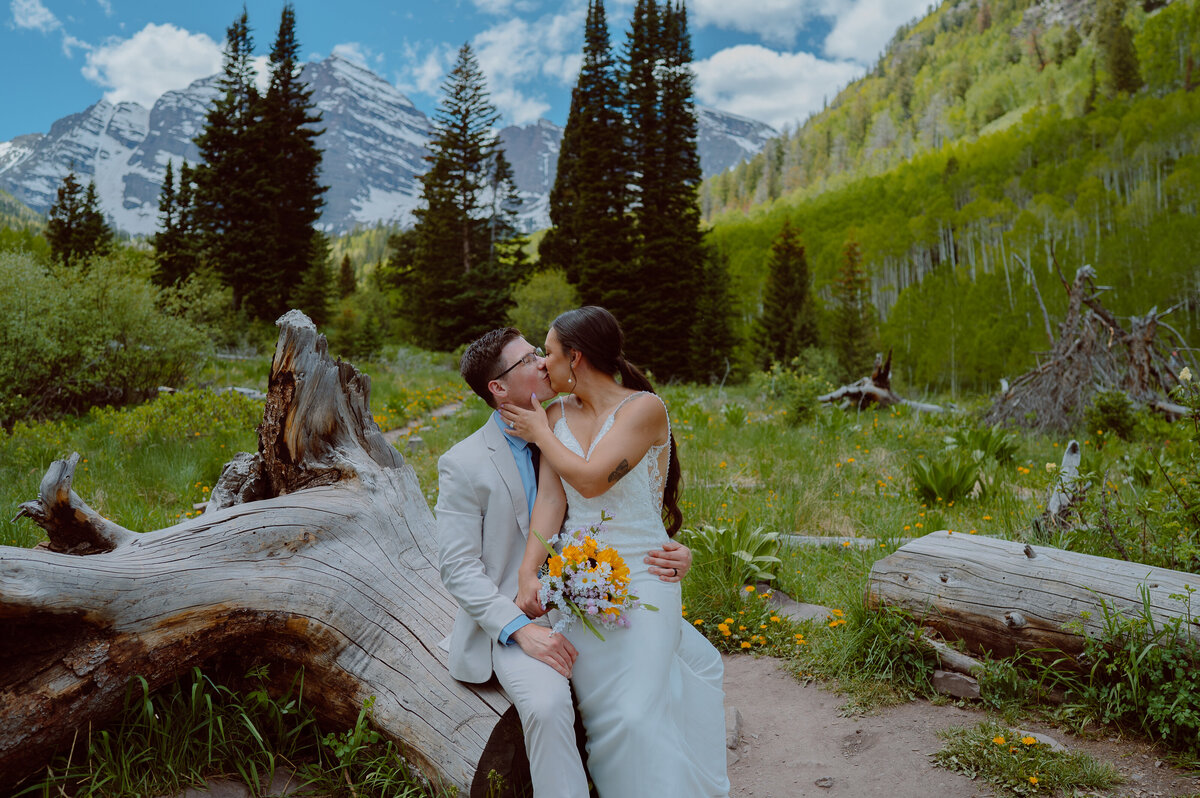 Couple kisses on log with mountain backdrop
