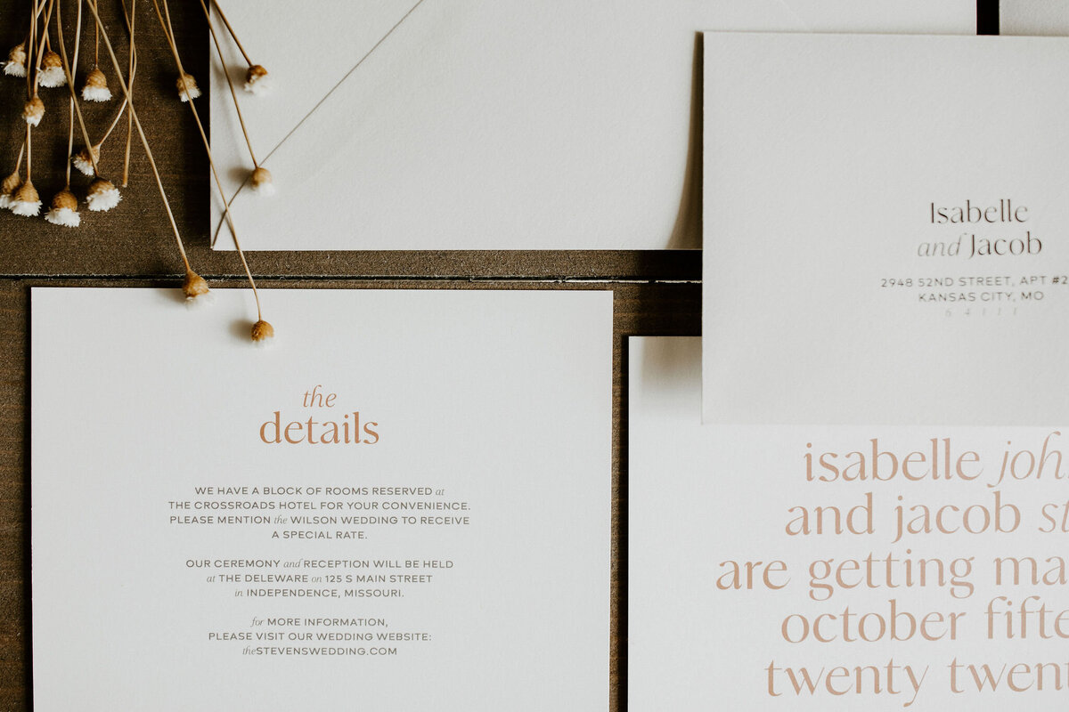 Customized minimalist white wedding invitations with modern black and brown text