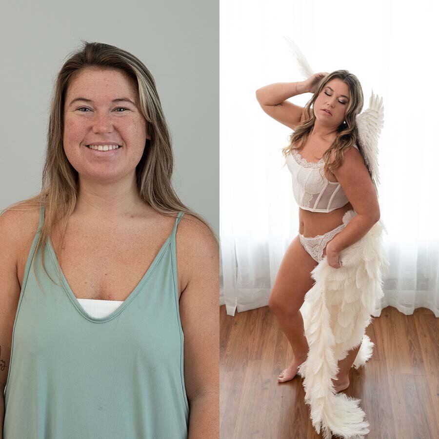 A photo of a boudoir client before and after hair and makeup.
