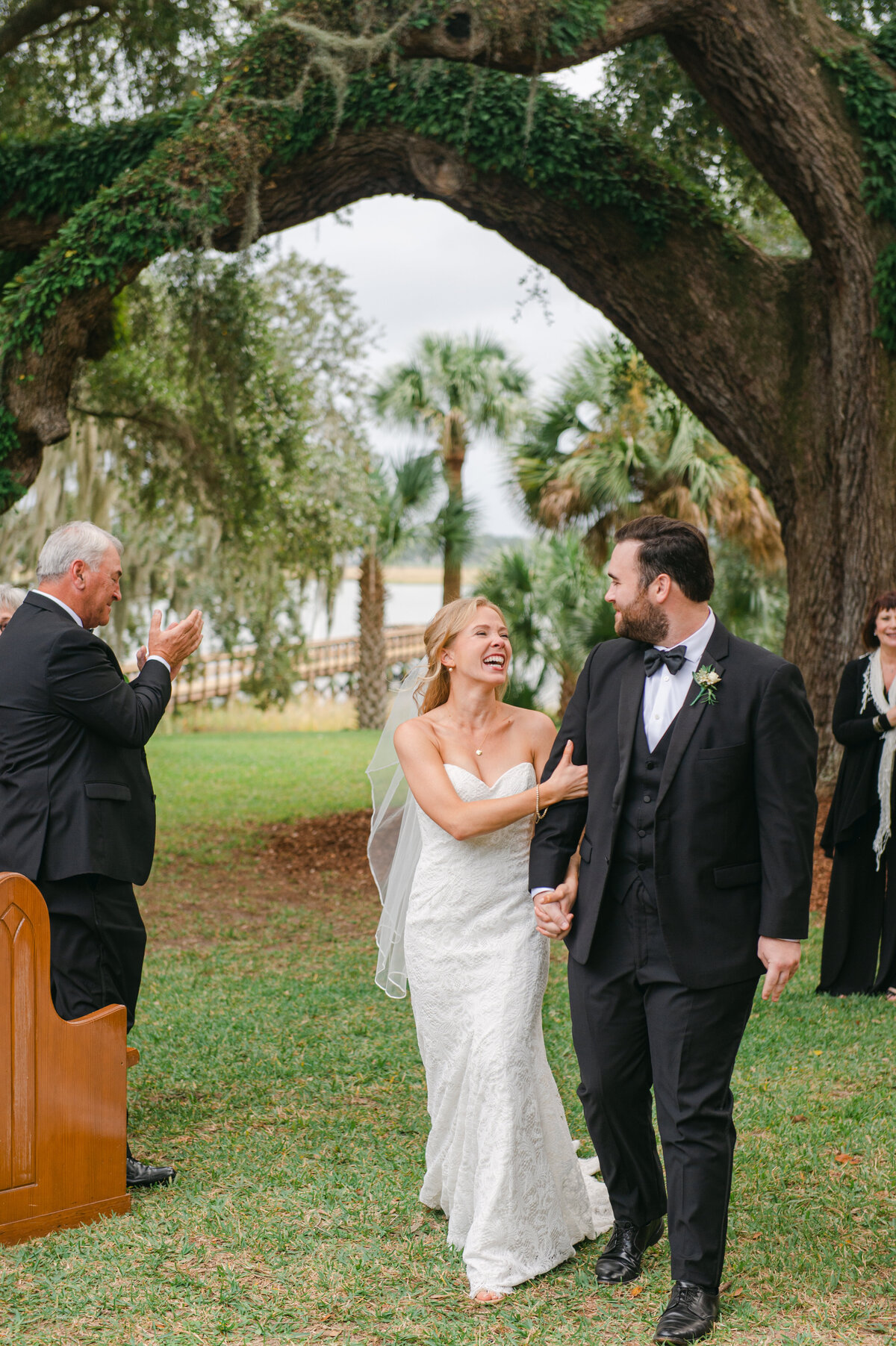 bride giggling at spring island wedding ceremony