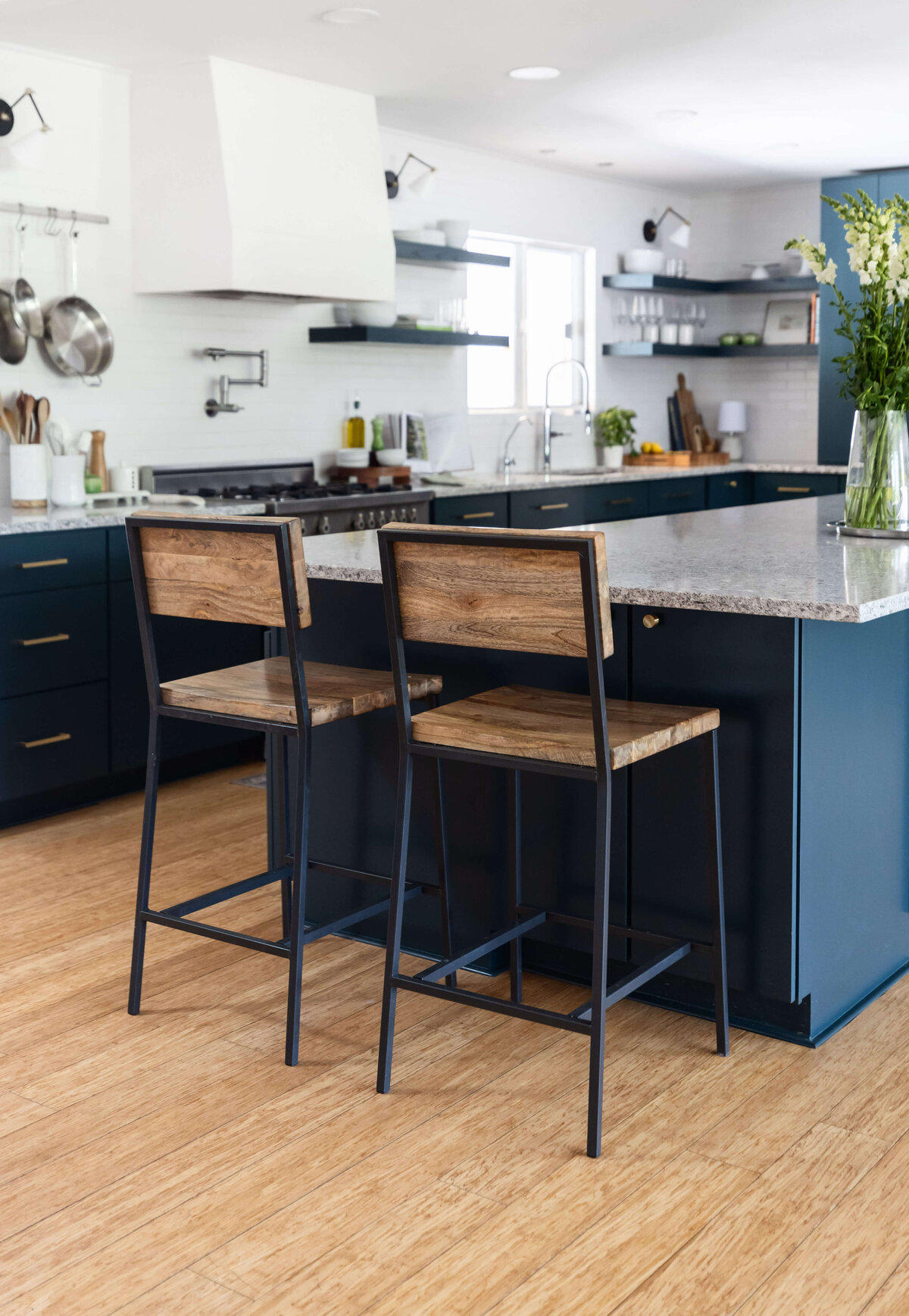 luxury kitchen blue cabinets brass hardware (1)