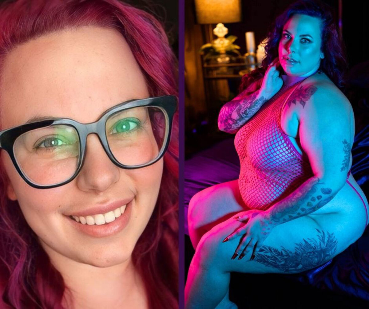 Images from a DC boudoir photography studio showing a closeup of a woman smiling next to her in mesh lingiere in a pink and blue lit studio