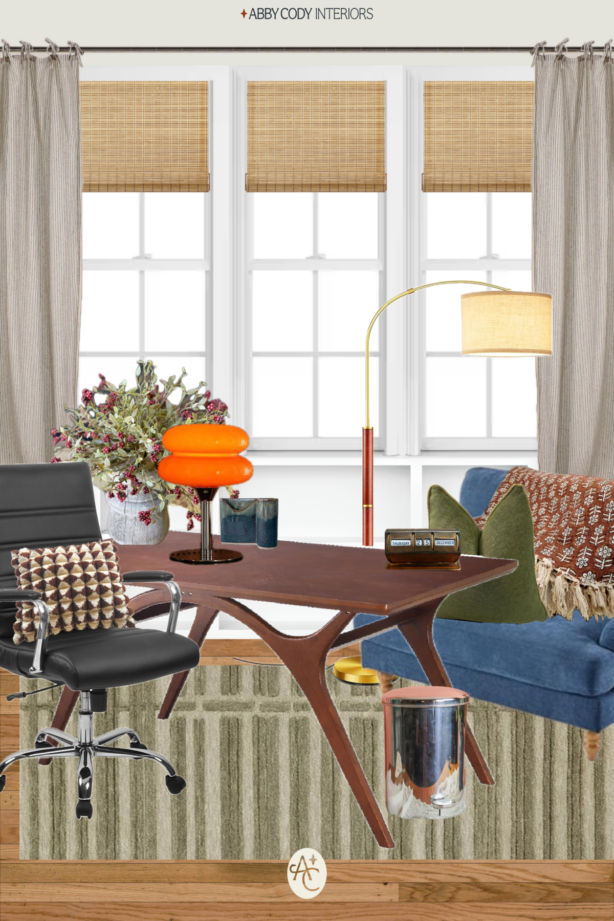 Eclectic mid-century modern office moodboard with amazon finds, vintage textiles, and colorful decor.