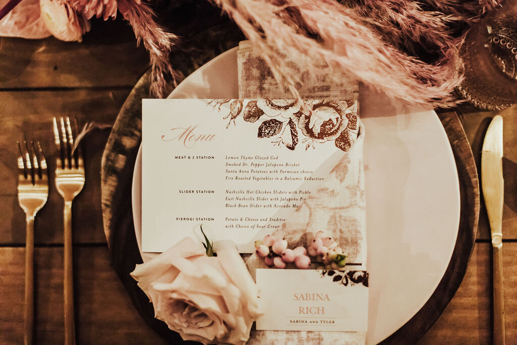 rose gold foil wedding menus and placecards at farm wedding