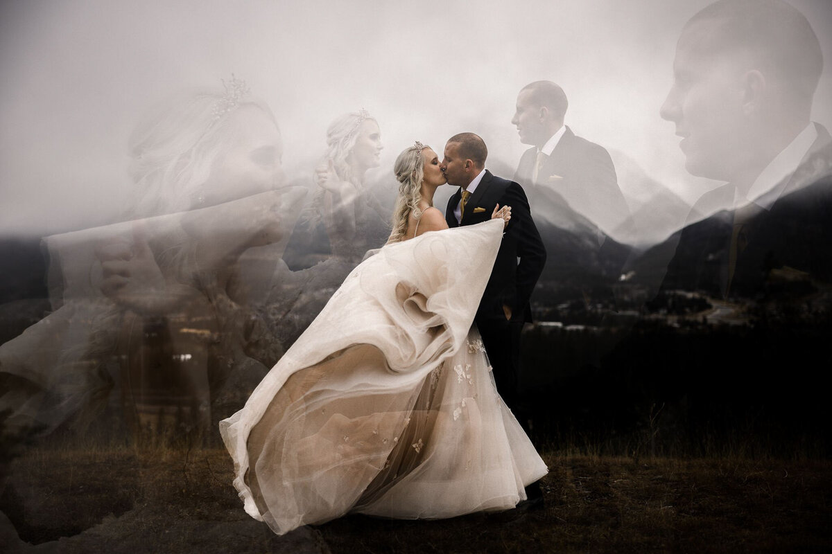 Moody and creative double exposure wedding portrait captured by TkShotz, modern wedding photographer and videographer in Calgary, Alberta. Featured on the Bronte Bride Vendor Guide.