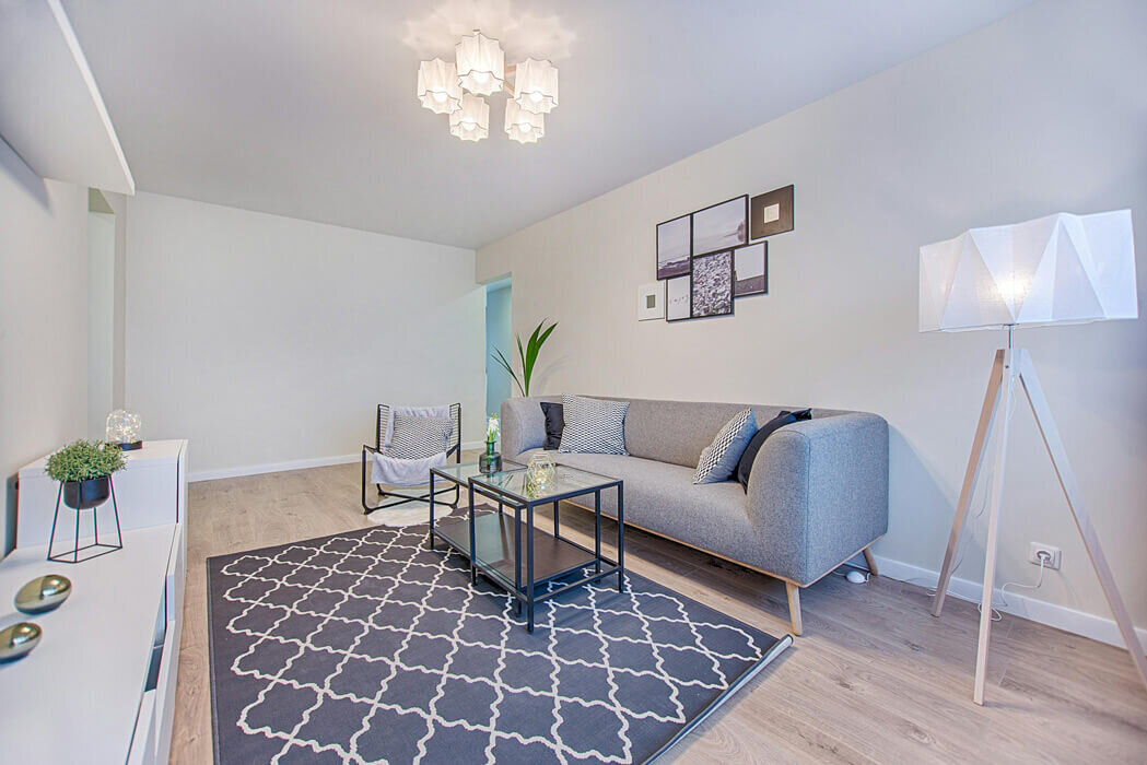 Living room with blue and white furniture