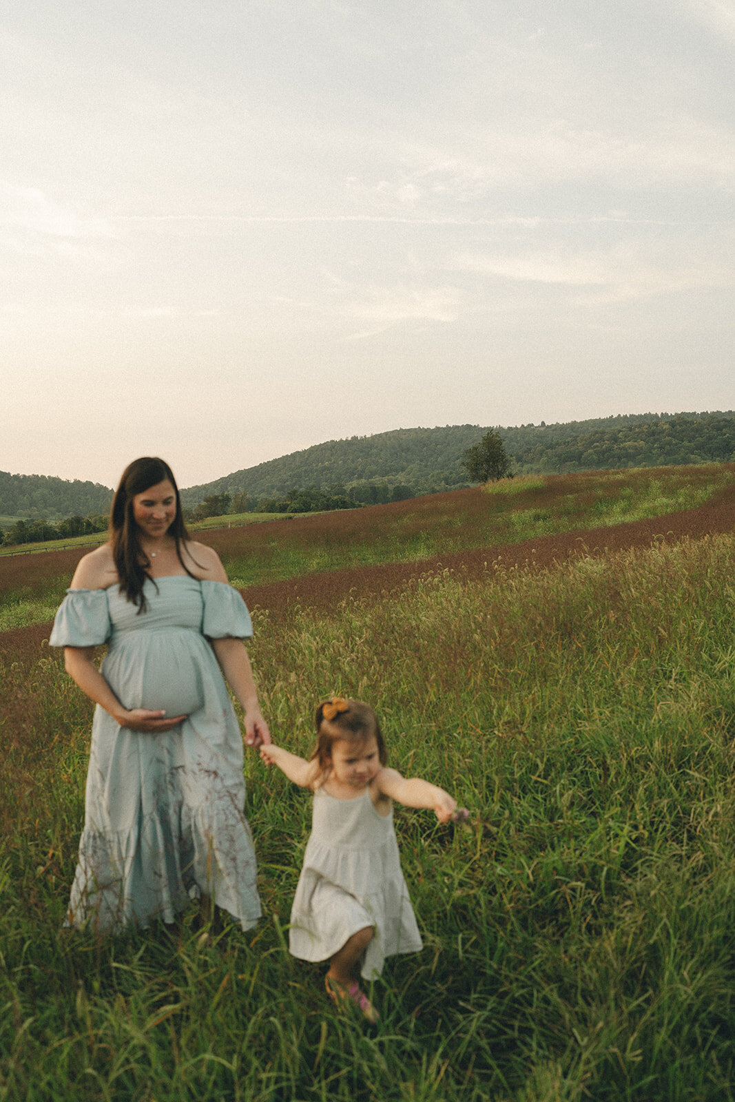 Young girl holding hands with her pregnant mother and walking through a golden field during maternity sessionthe ne
