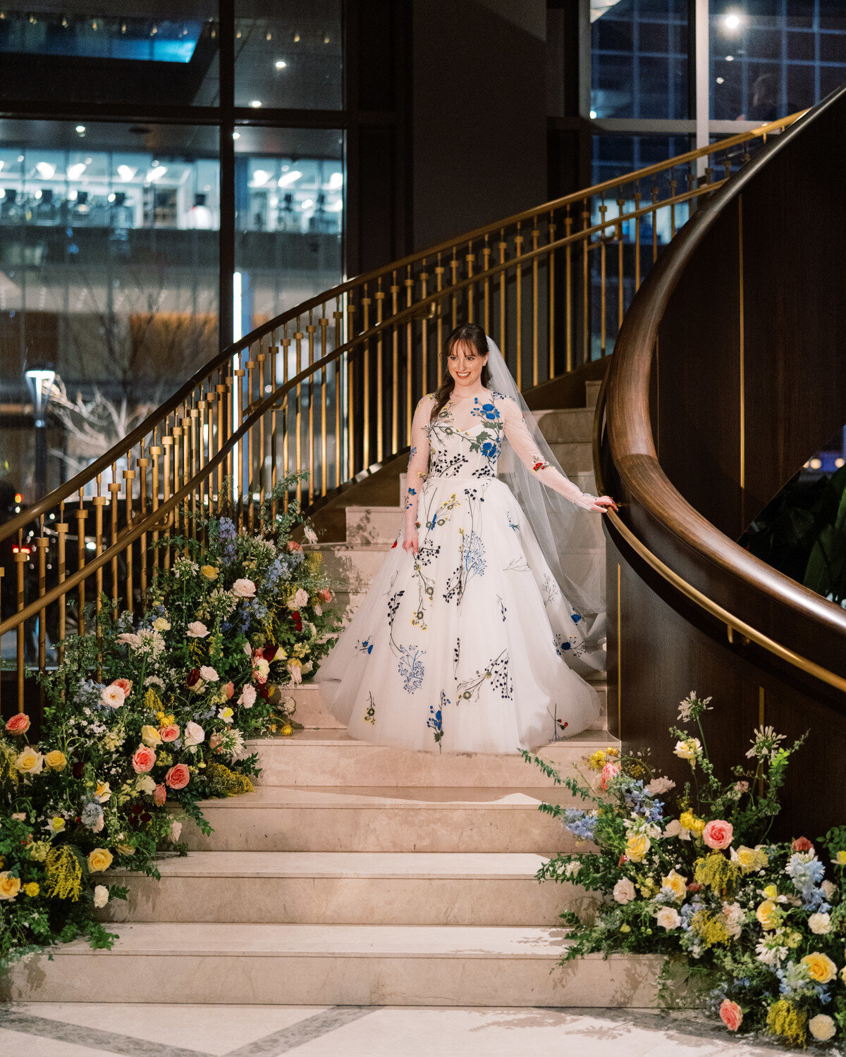bridal portrait Monique Lhuillier floral wedding dress