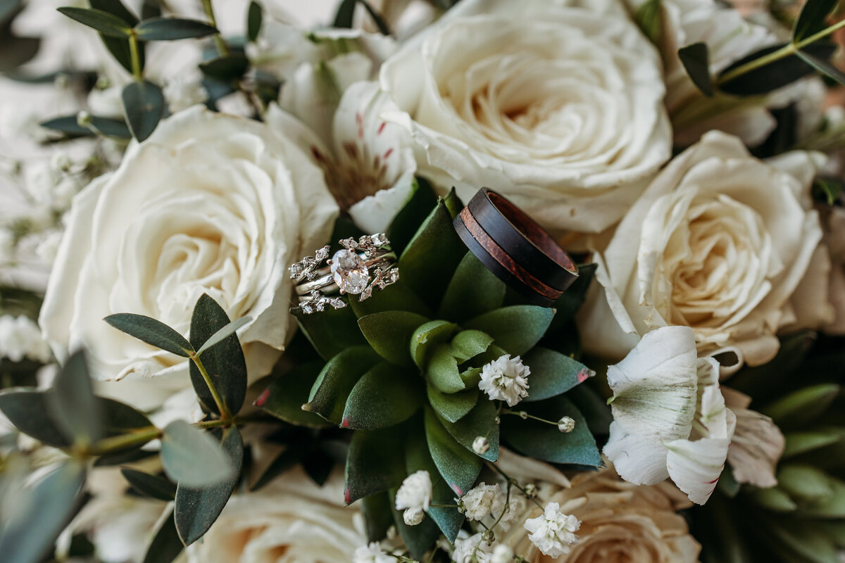 detail photo of wedding rings in flowers