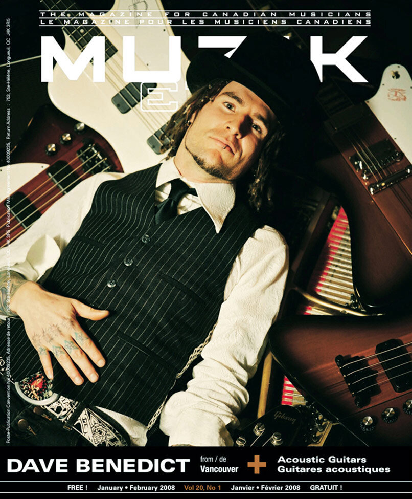 Magazine Cover Publication Muzik Etc featuring musician Dave Benedict lying on floor covered with guitars