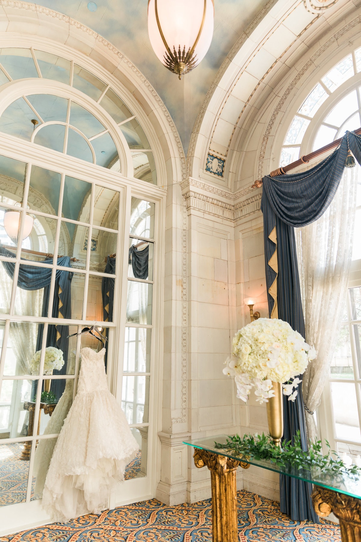 Wedding dress hanging in the Hermitage Hotel.