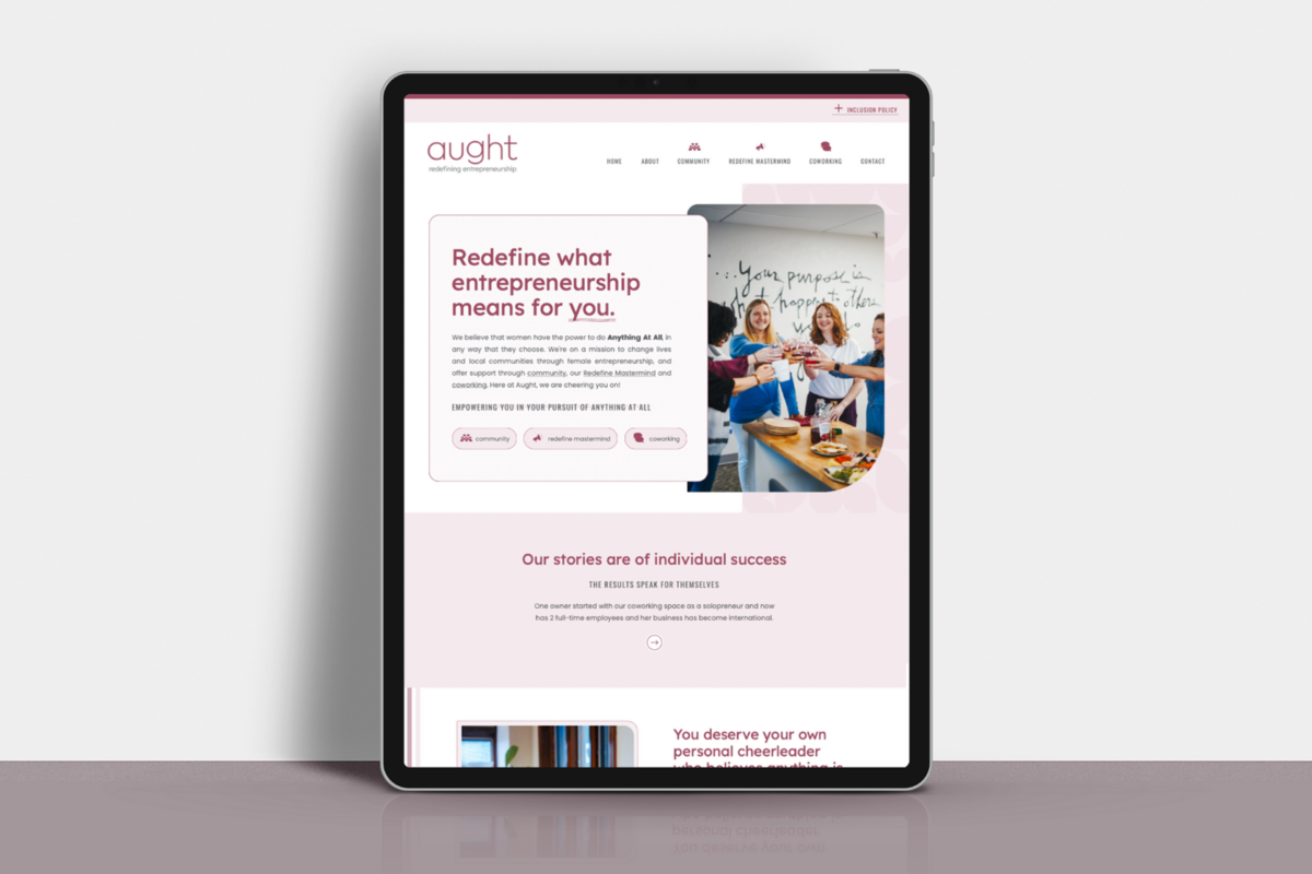 Website for coworking space with feminine touches, rounded corners, and pink accents designed by woman-owned brand agency Liberty Type in Knoxville