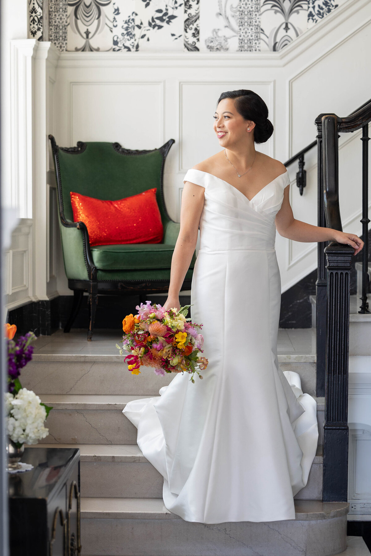 Bride walking down some stairs