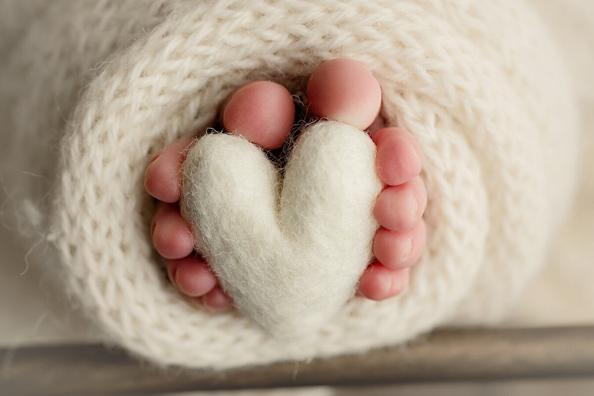 Newborn baby toes surrounding a felt heart.