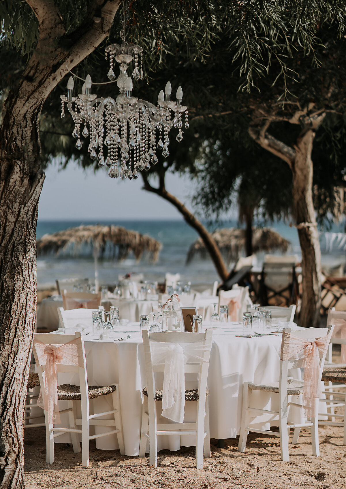 A round table sits in front of the water at the beach under a chandelier hanging from a overhanging tree