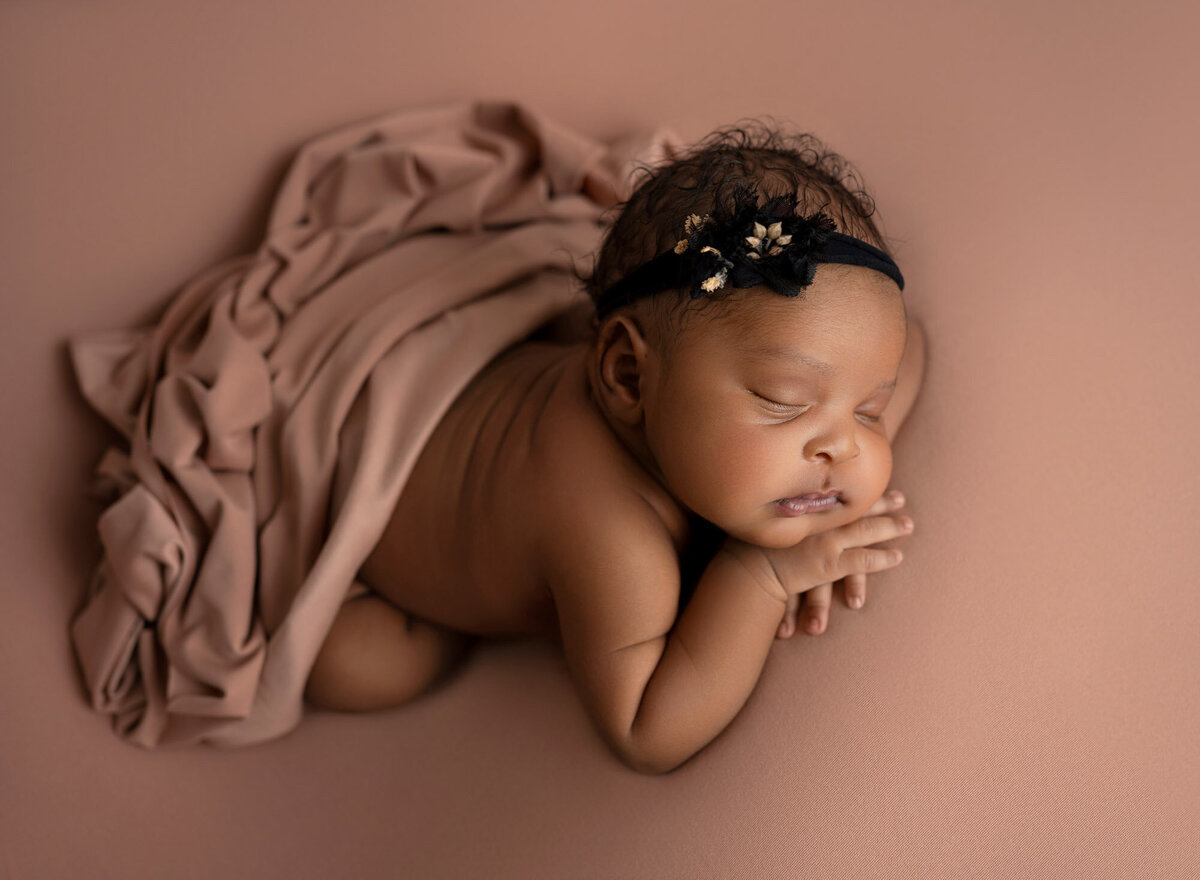 Newborn baby girl rose headband brown wrap Westlake professional photographer