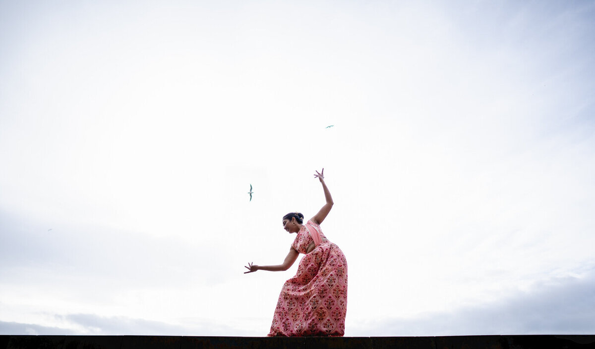 a bollywood dancer on a wall with a flying gull in the background