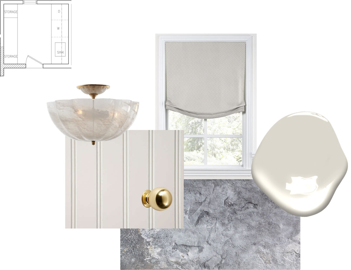Interior Design Schematic Design Presentation  with floor plan, bead board millwork, shell  flushmount and slate stone tiles