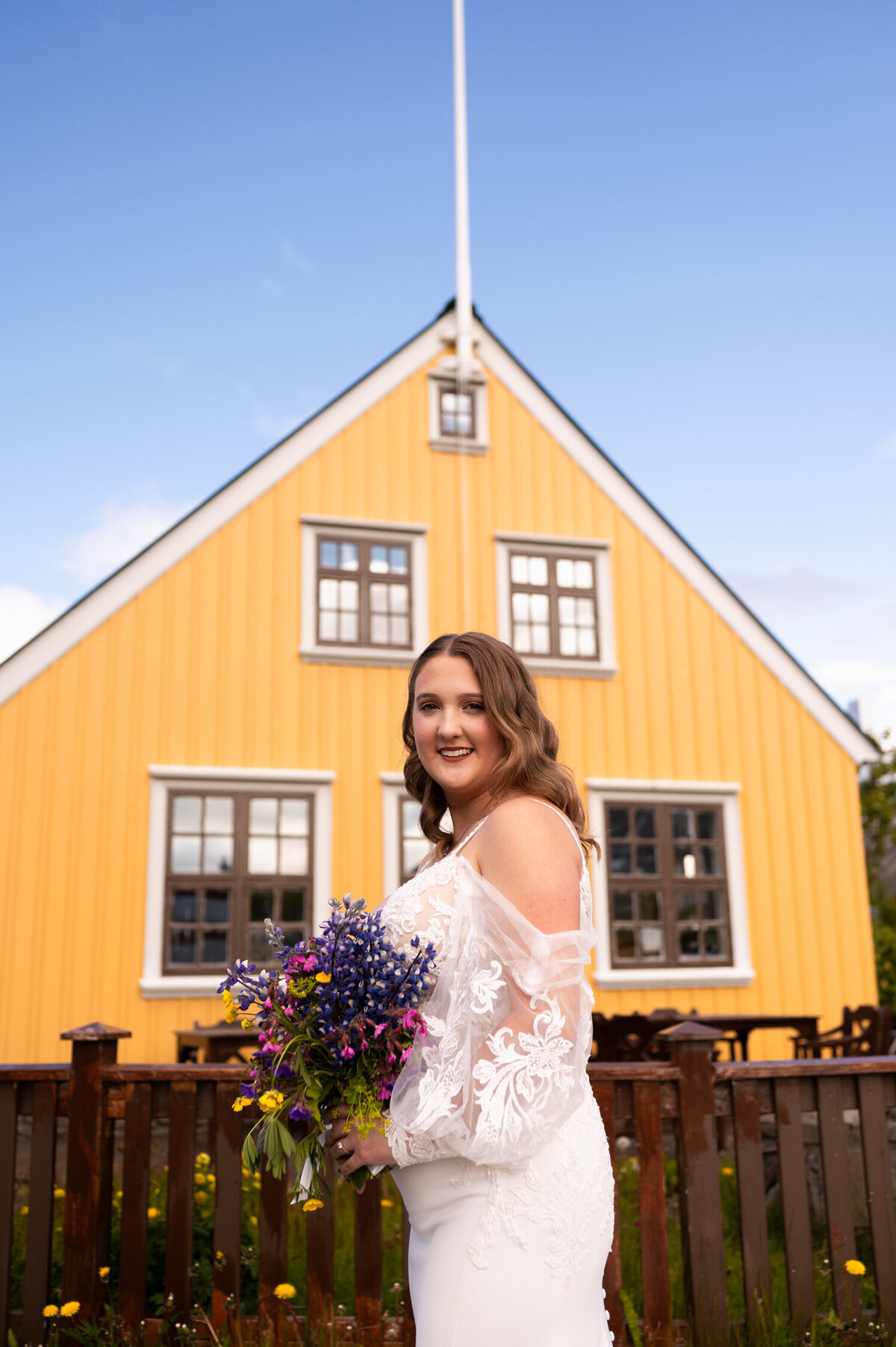 A bridal portrait in the Westfjords of Iceland in the port town of Ísafjörður.