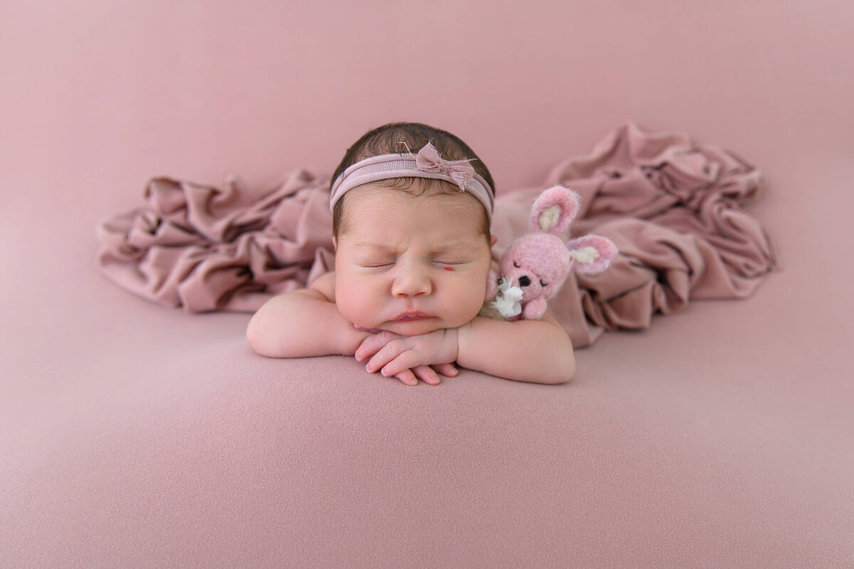 newborn girl with her head on her hands on a pink background holding a pink bunny for her Burlington newborn photography session