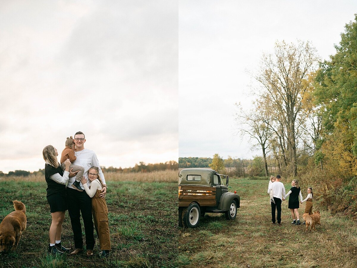 Farm family photo session with dog and old green farm truck