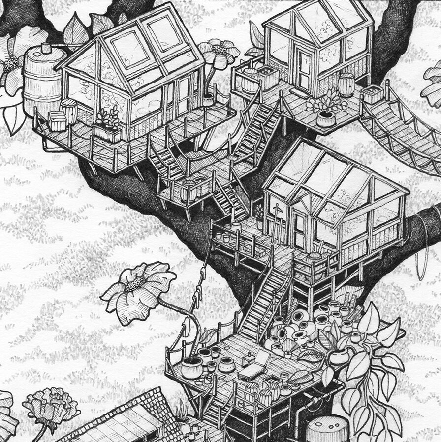 Zoomed in view of the Botonist's Greenshouses. Pen and ink illustration. Whimsical.