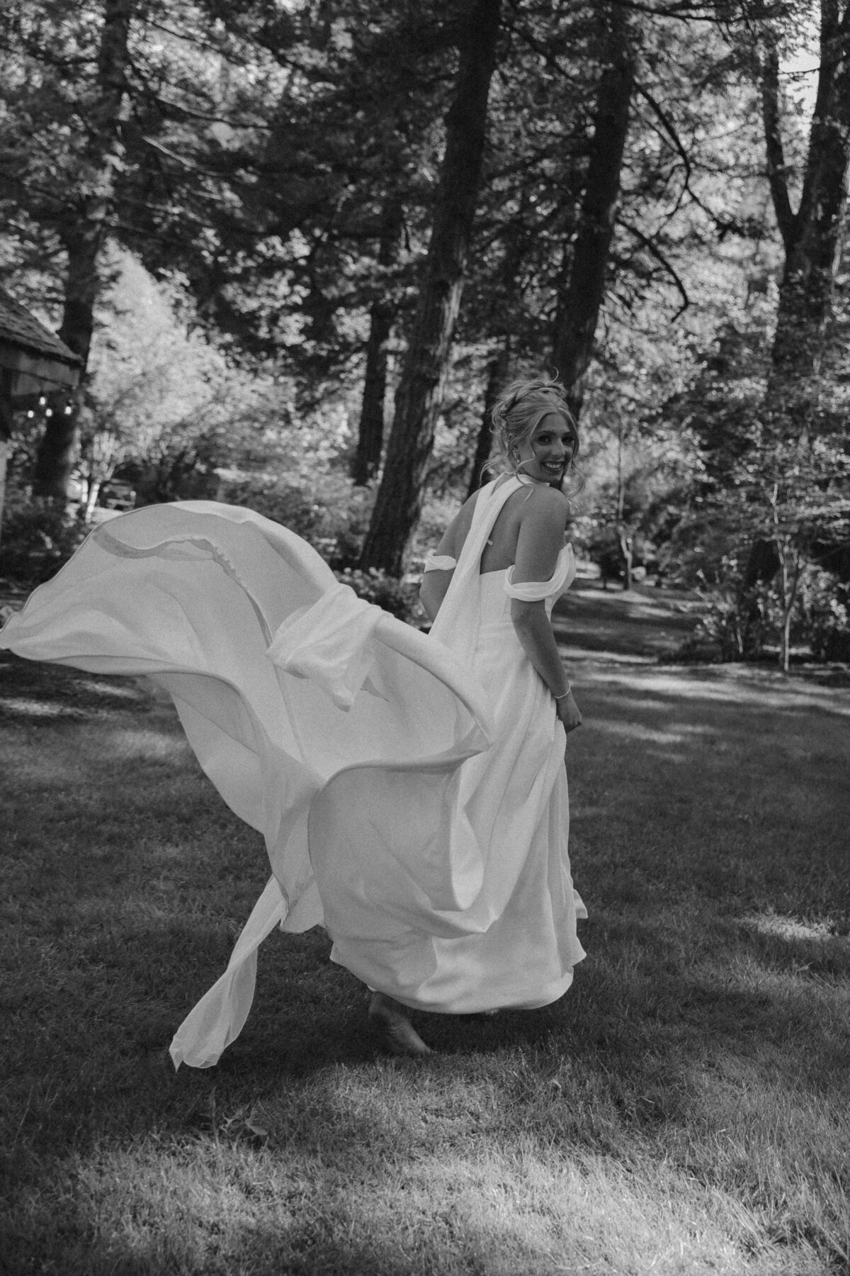 Joyful Bride Running Through the Forest in Flowing Gown | Candid Oregon Wedding Photographer