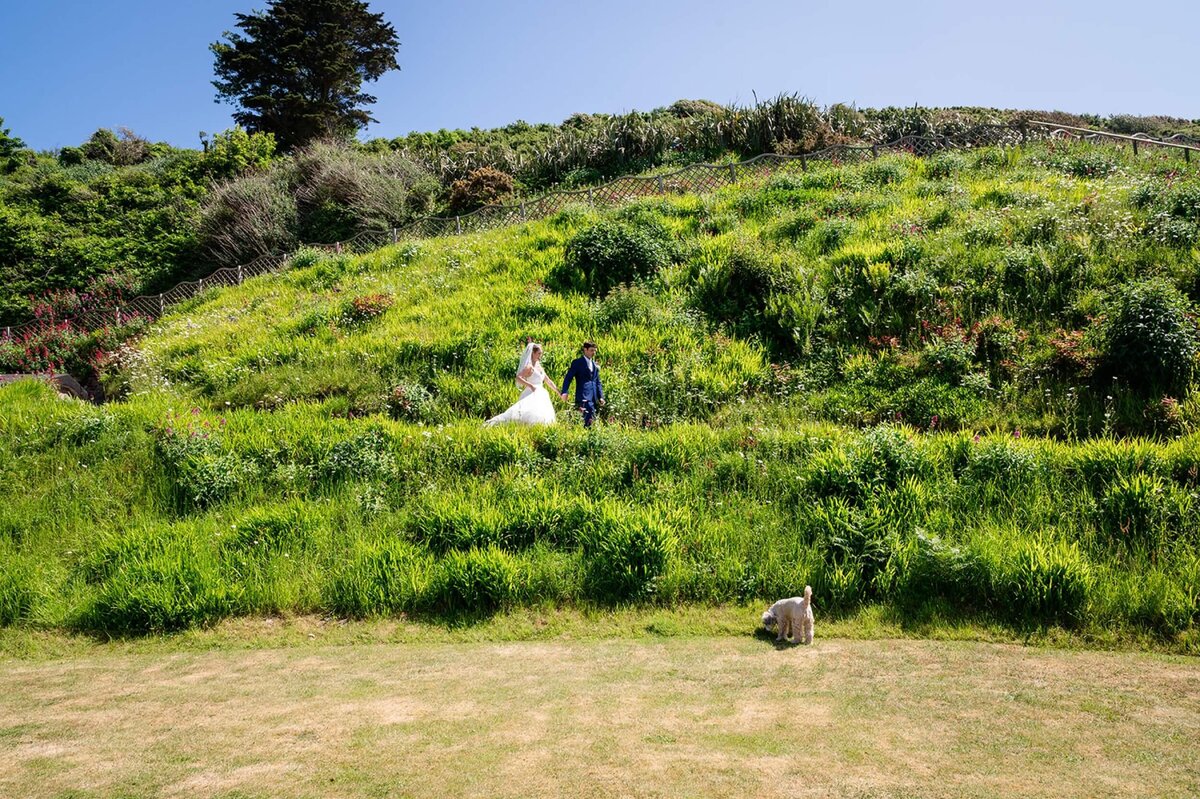 A bride and groom walking up a grassy hill