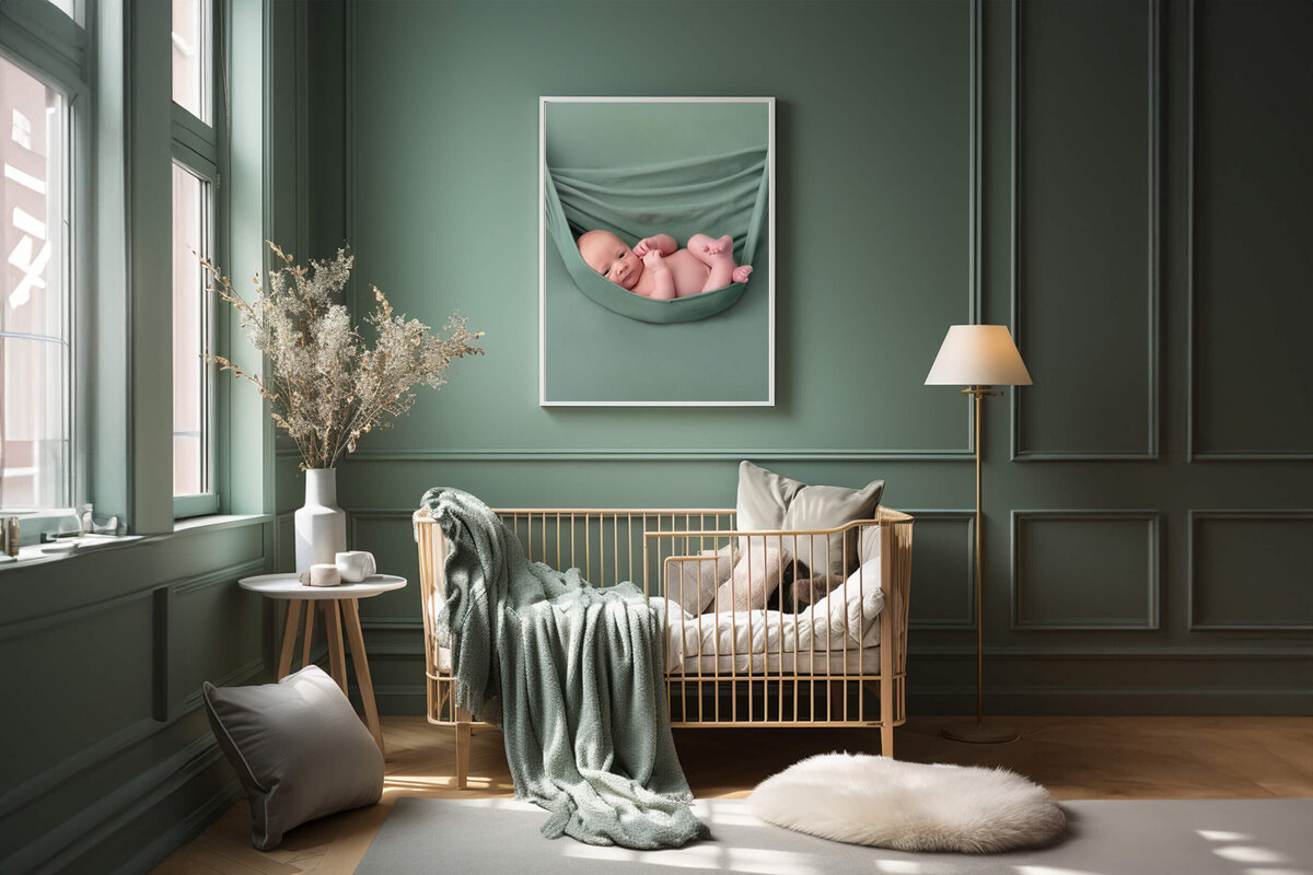 a green room with a photo of a newborn baby boy at his newborn photography session in Burlington, Ontario