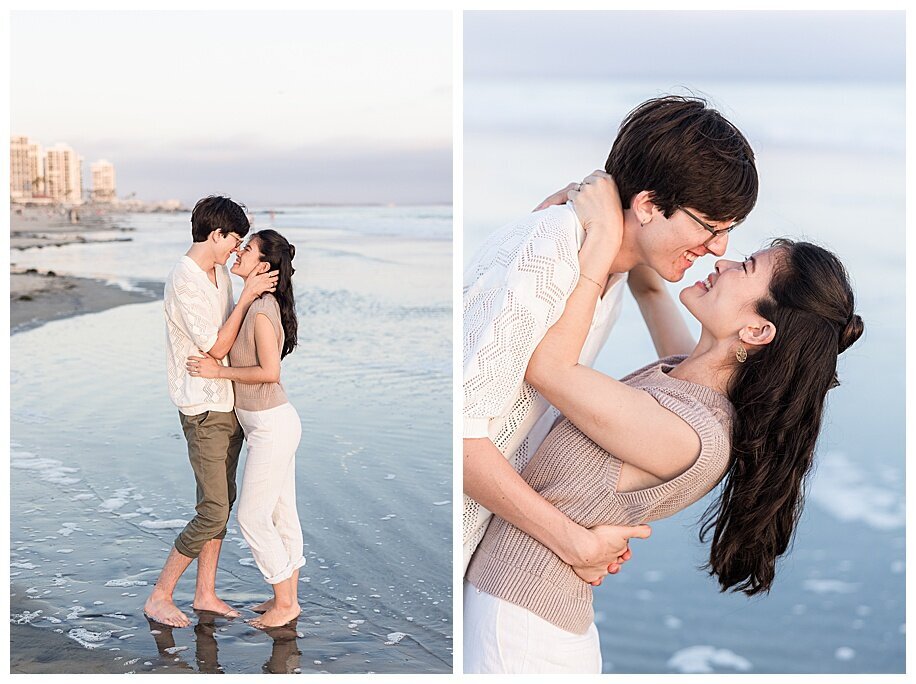 couple hugging and kissing in san diego ocean