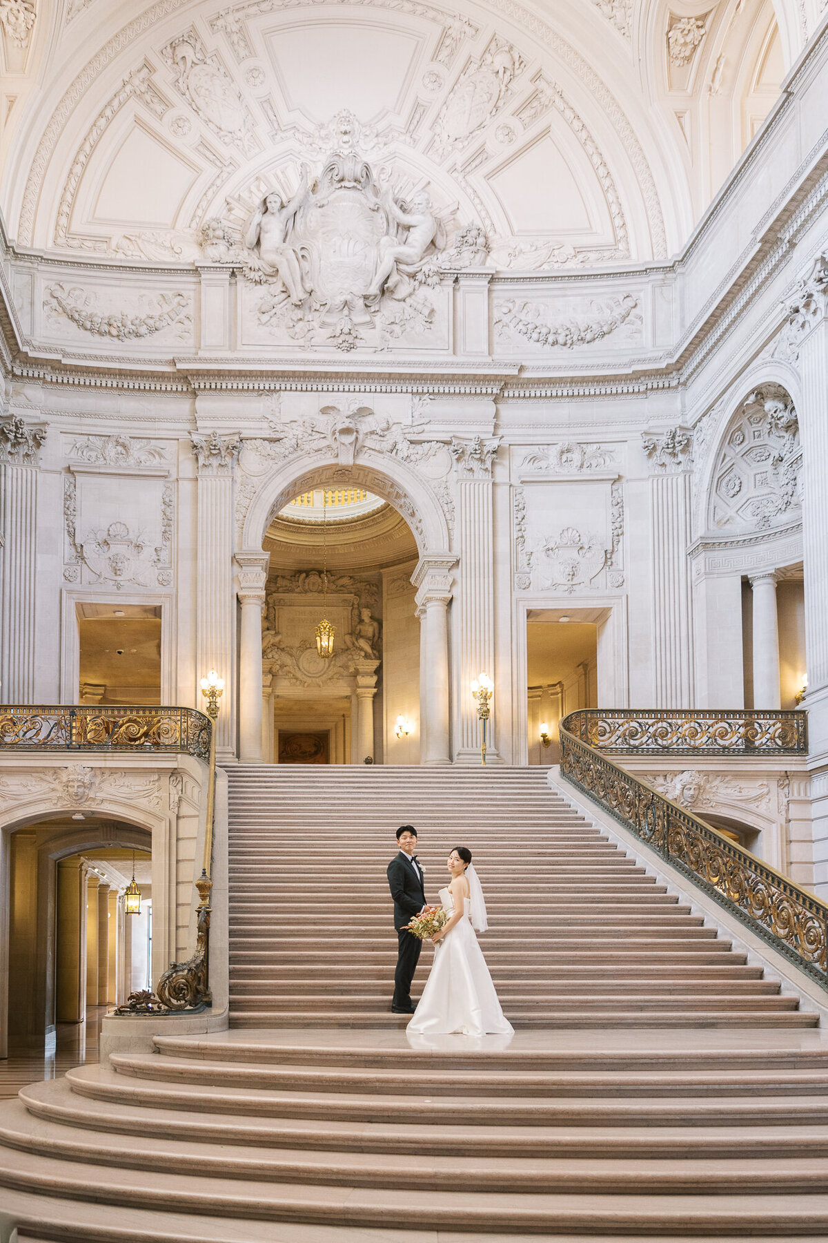 City Hall stairs engagement portrait San Francisco Korean couple photography
