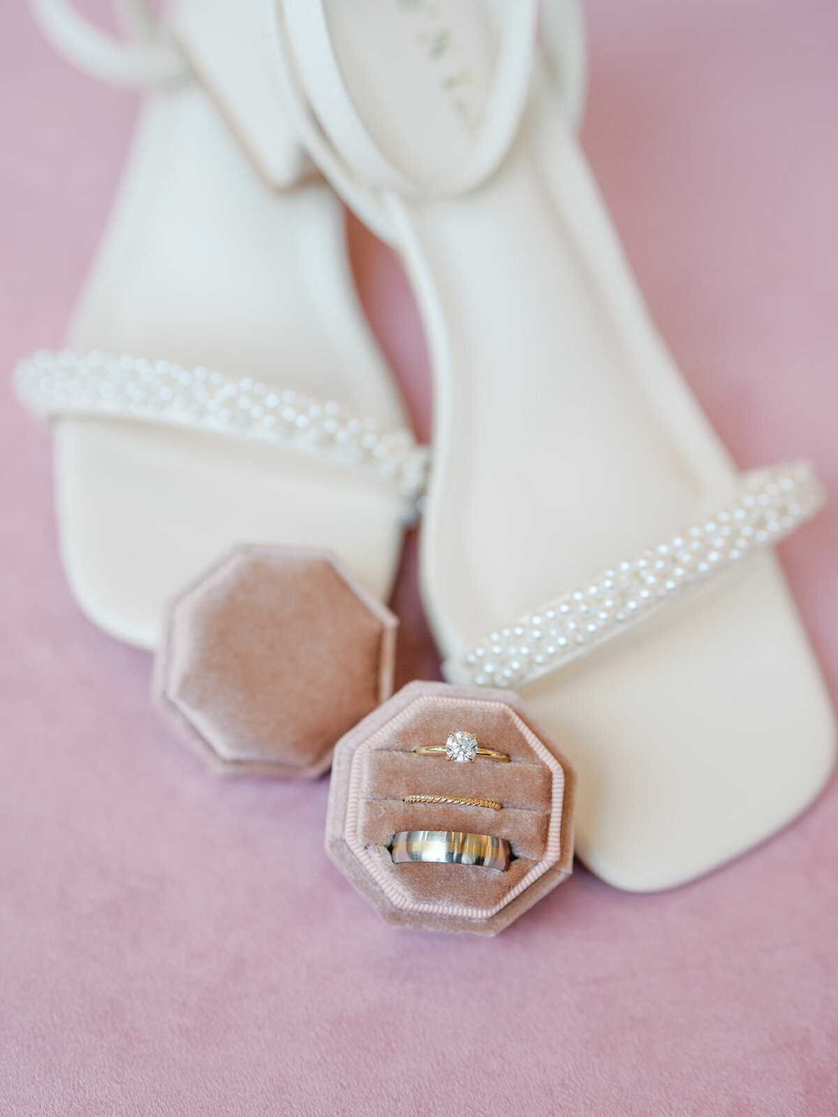 Pearl wedding heels with a blush ring holder