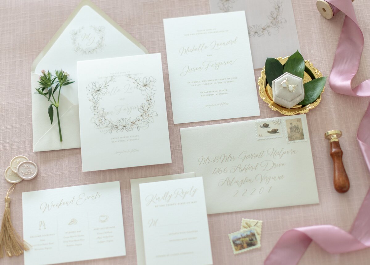 Pink and gold romantic suite with vellum overlay by Liz Theal