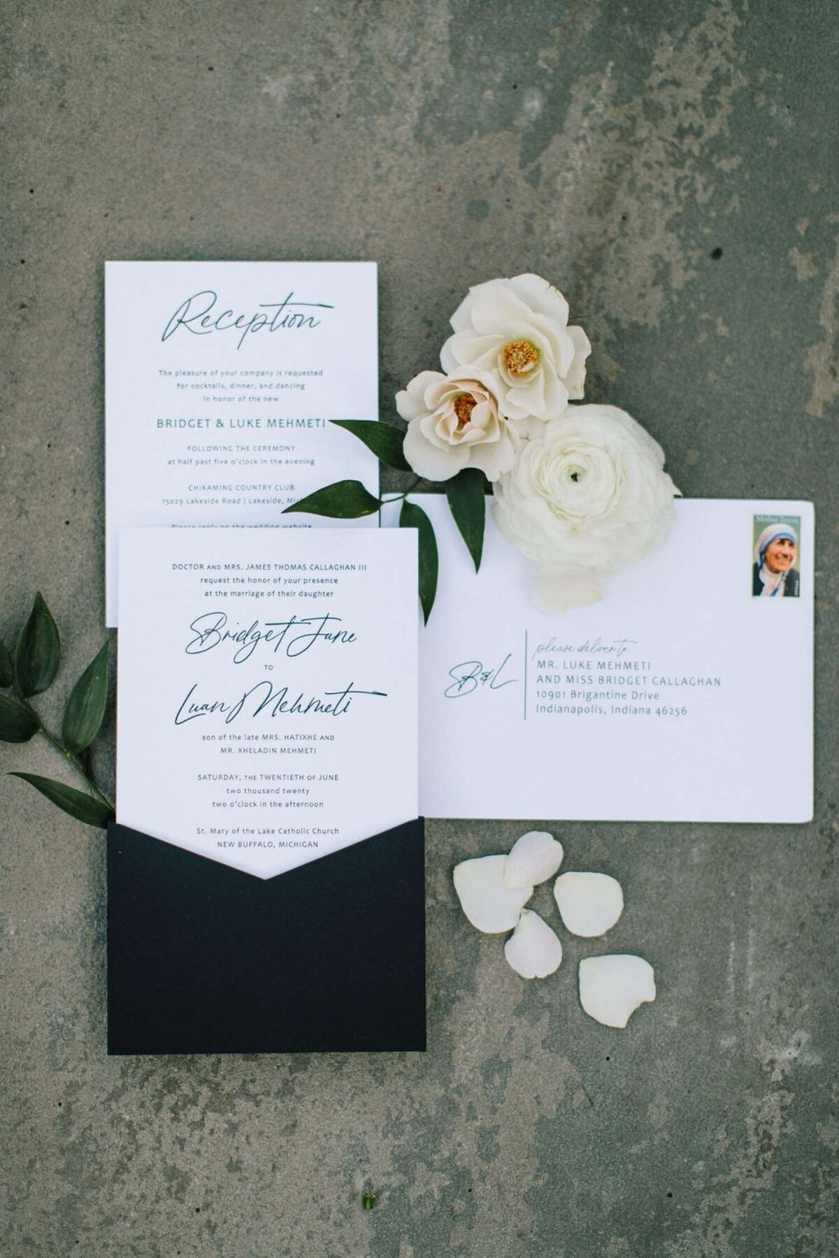 Classic and Modern Wedding Invitation Suite in Black and White for a Luxury Michigan Lakefront Golf Club Wedding.